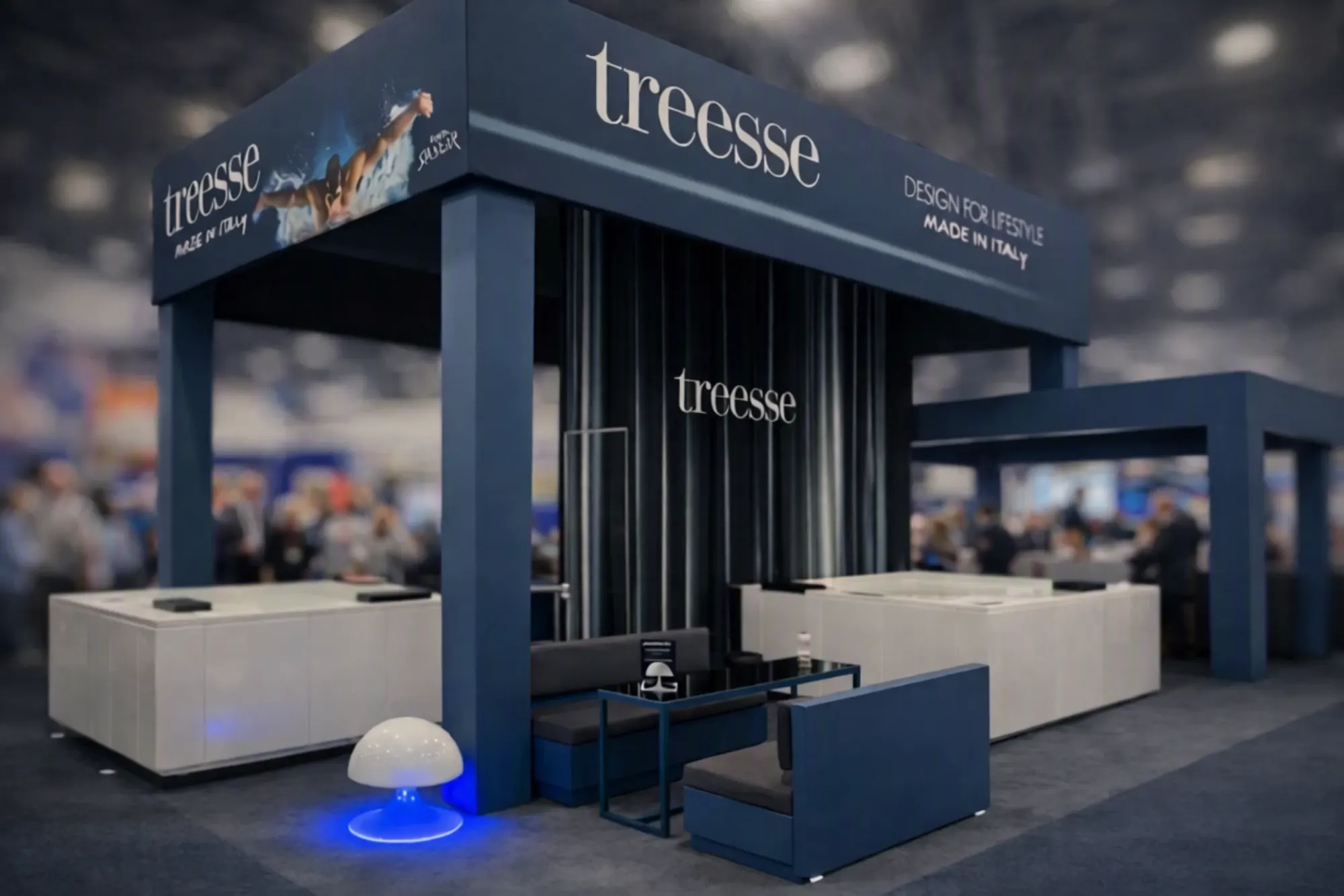treesse cabana-style pavilion exhibit with custom millwork