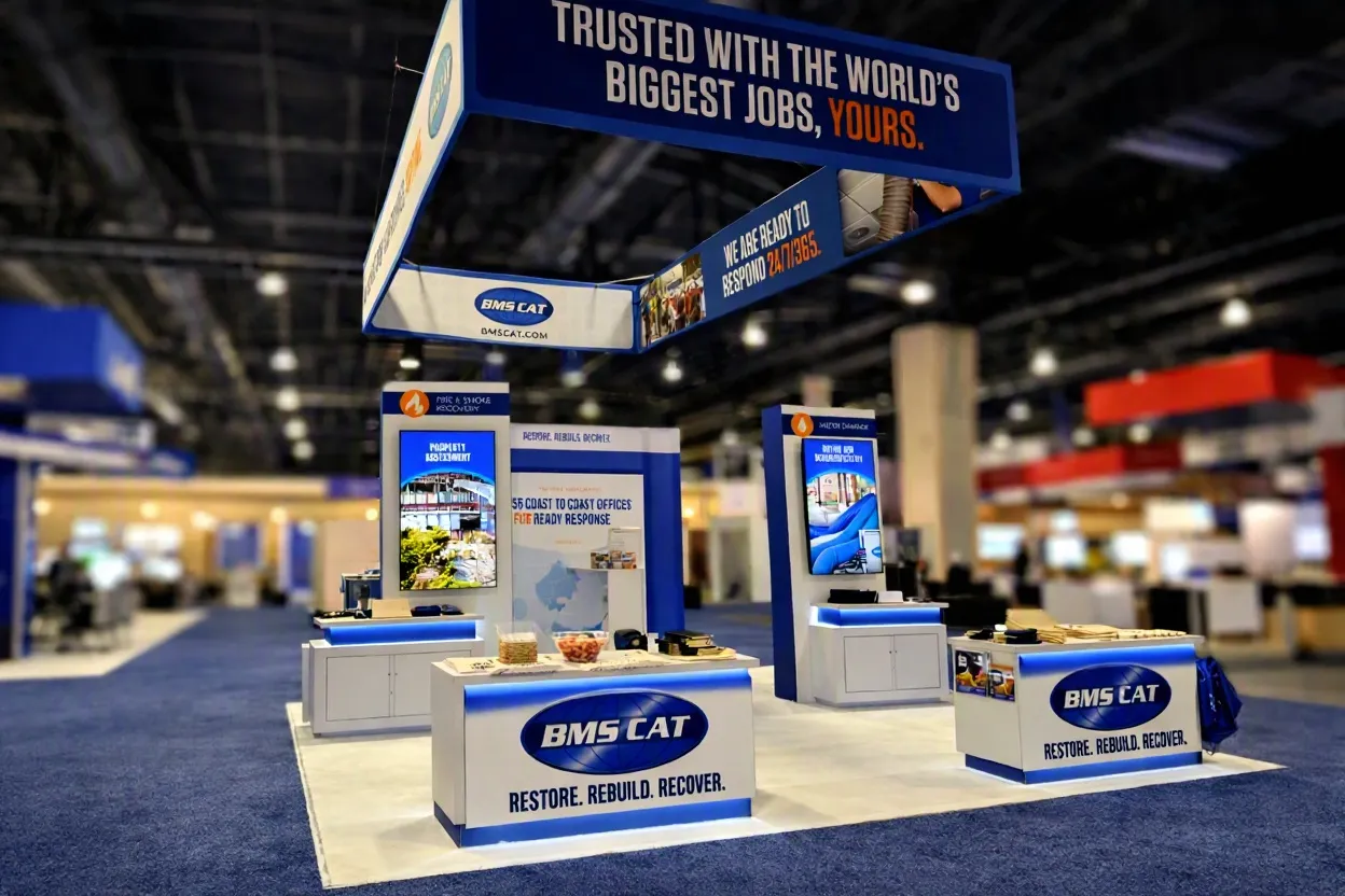 BMS CAT island exhibit with suspended truss signage at a trade show