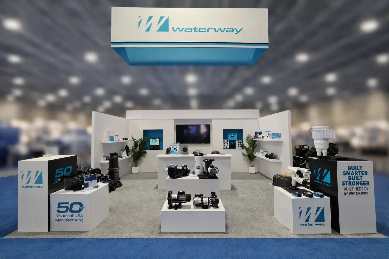 Waterway large island exhibit with product displays and central demonstration wall